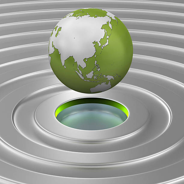 3d render. A stylized earth globe in green and white levitates above a metallic ripple surface with a bright green ring, conveying global sustainability, eco-friendly innovation, and environmental tech themes.
