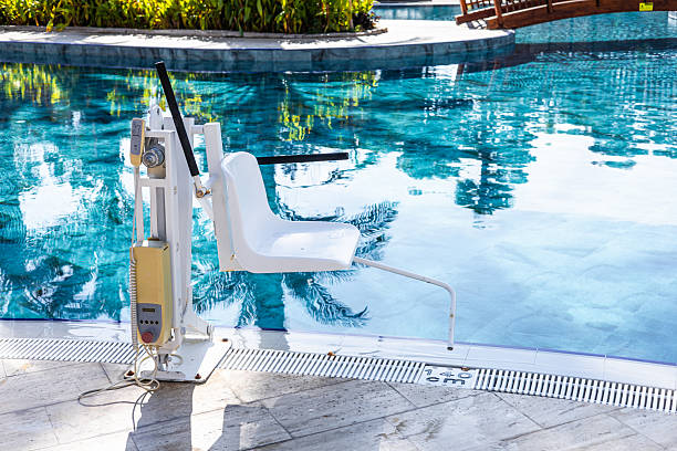 istock A poolside scene featuring a white pool lift beside a clear blue swimming pool. Lush greenery and a wooden bridge are visible in the background. 2248925600
