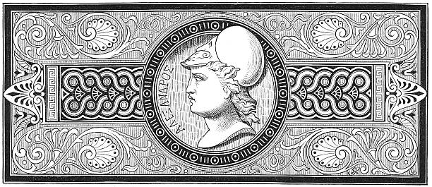 istock Alexander the Great in profile wearing elaborate helmet with plume and armor, surrounded by intricate Greek patterns and mythological motifs, showing classical portraiture style and Hellenistic artistic traditions, old vintage illustration, 1880. 2248925653
