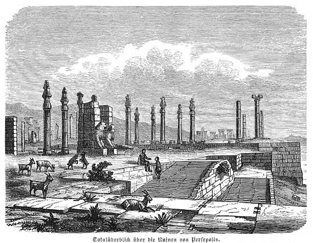 Ancient Persepolis ruins with scattered columns, damaged stone sculptures and grazing goats among archaeological remains, showing Achaemenid Empire architecture and historic site exploration, old vintage illustration, 1880.