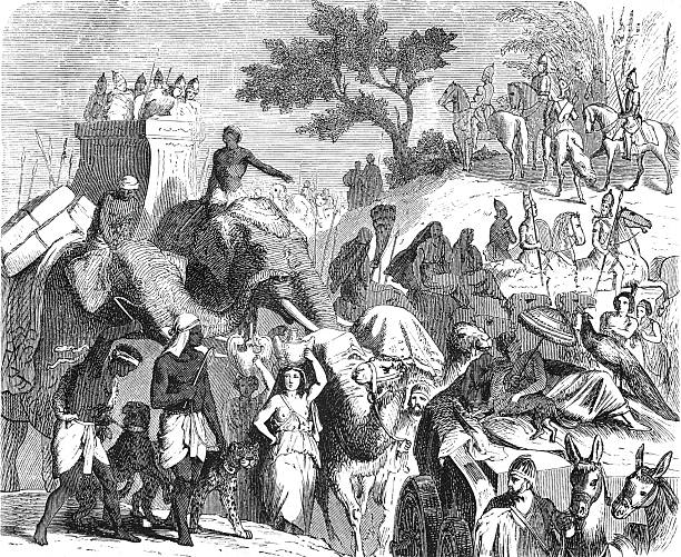 istock A massive caravan with elephants, camels, passenger carriages under parasols, African handlers with cheetahs, and mounted infantry during Alexander's campaign to Egypt, old vintage illustration, 1880. 2248926307