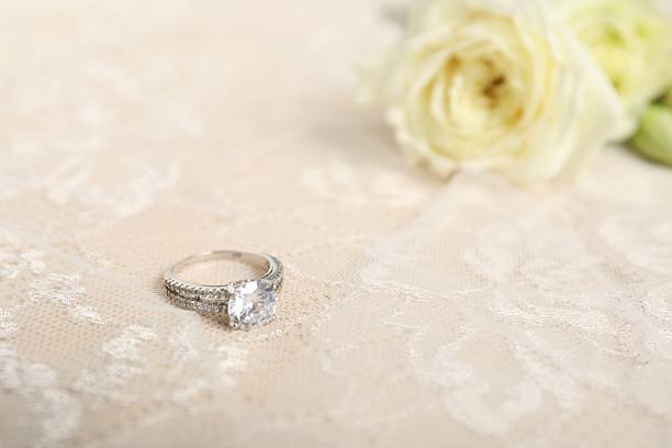 istock Engagement ring and lace fabric on beige background, closeup 2248928782
