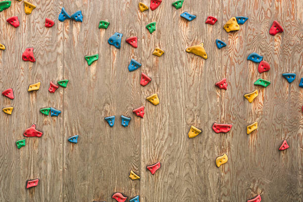 istock Assorted colored climbing holds on outdoor wooden training wall.. 2248936035