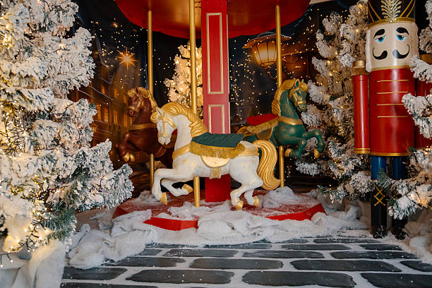 Christmas backdrop wallpaper Carousel horse, snowy fir trees and nutcracker
