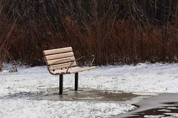 Empty Wooden Park Bench in Winter Landscape Covered with Light Snow