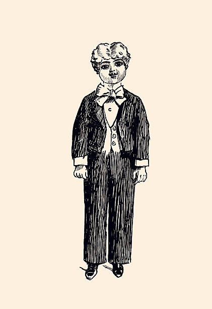 DESIGN ELEMENT : “Charming vintage wax doll of a little boy dressed as a proper 19th-century gentleman: tailored black three-piece suit, crisp white shirt, oversized bow tie and shiny shoes. A delightful old-fashioned toy that turns any child into the star of a Victorian Christmas tale. Perfect for lovers of antique toys, retro holiday decor, or timeless Christmas magic. Beautiful vintage engraving style brimming with nostalgic holiday charm.” ► VINTAGE ETCHING circa late 19 th century. Digital restoration by Pictore. Free of AI