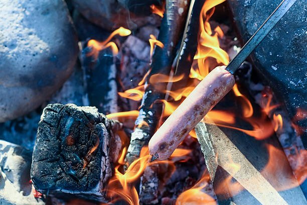 Hot dog sausage on skewer surrounded by intense orange flames and burning logs