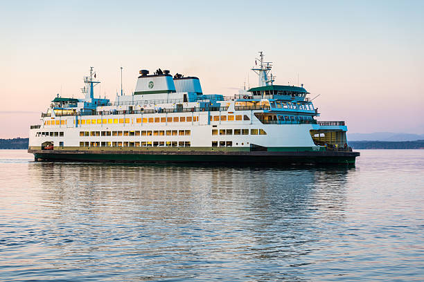 A ferry makes way across the Puget Sound between Seattle and Vashon and Bainbridge Islands