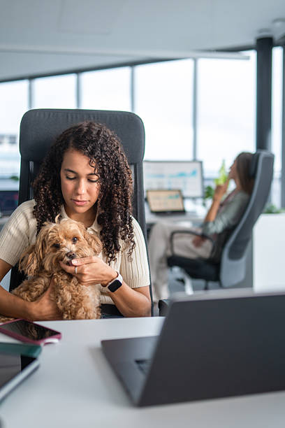 istock Young Hispanic Woman Enjoying Pet's Company in Office Setting 2248939147