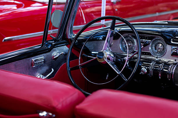 Interior dashboard and steering wheel of classic American car