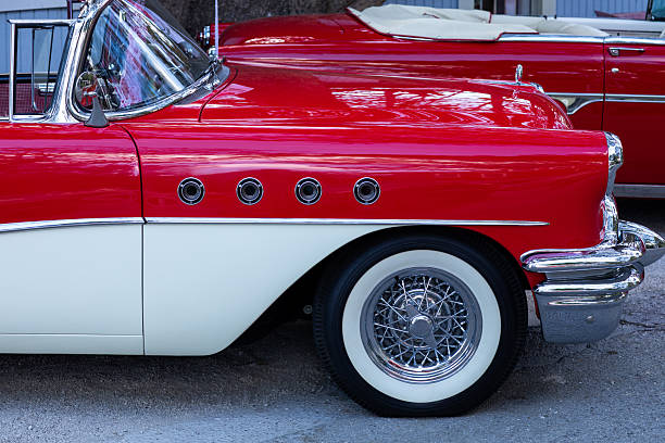 istock Front side view of red and white classic American car 2248944685