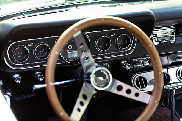 Interior dashboard and steering wheel of classic American car