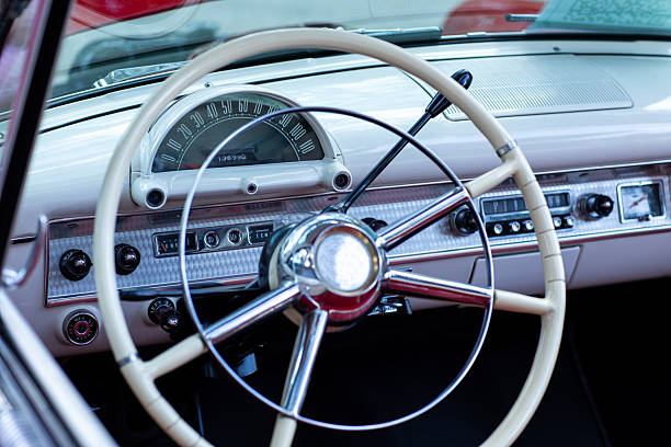 Interior dashboard and steering wheel of classic American car