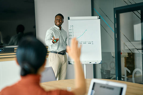 istock Employee asking question during business presentation in office 2248944874