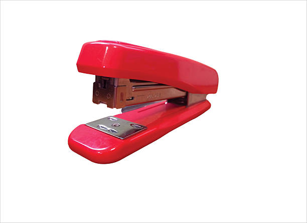 A blue small office stapler is located on a white background.