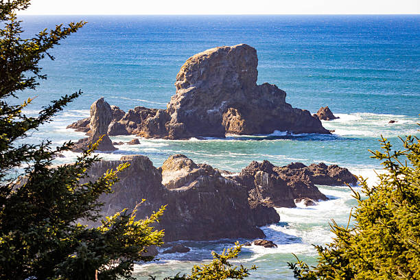 A spectacular view of the rugged coastal landscape at Ecola State Park, showcasing dramatic sea stacks, sheer cliffs, and the expansive Pacific Ocean shoreline