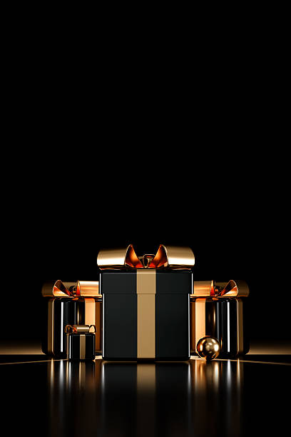Luxury Black Friday Gift Boxes with Gold Ribbon on Dark Background. 3D illustration