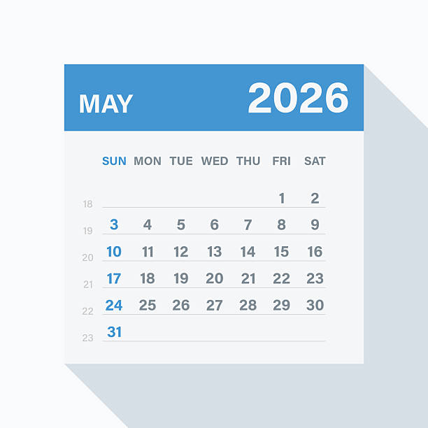 Monthly Calendar for May 2026. Blue Theme on White Background May 2026 calendar page. Features a blue top header, long drop shadow, and subtle gray background. The design includes a flat layout with clear weekday and date arrangement. Suitable for digital or print use. may stock illustrations