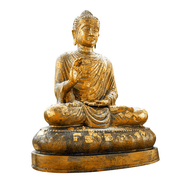 Golden seated Buddha statue isolated on white, Gold Buddha statue in a meditative posture, showing detailed texture, aged gold leaf, and serene expression