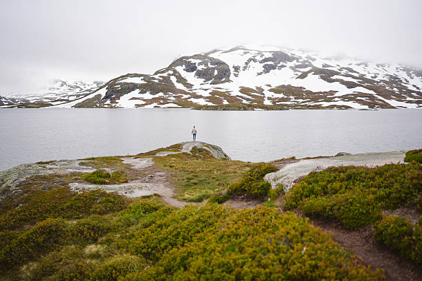 Young man on viewpoint above lake and snowcapped mountain