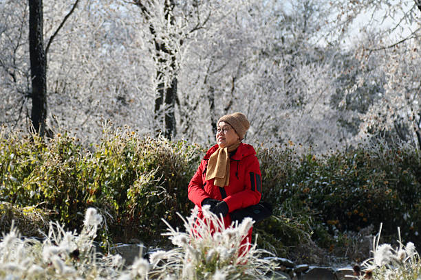 Elderly Asian women strolling in the snow.