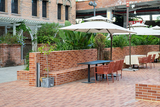A coffee shop and leisure area in a retro red brick building