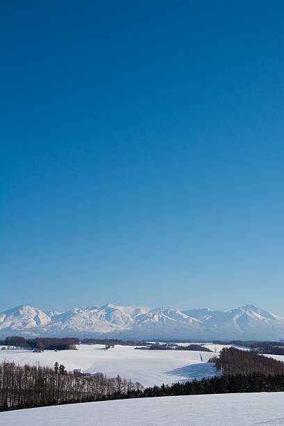 Field and snowy mountains on a clear winter day Mt. Tokachidake
