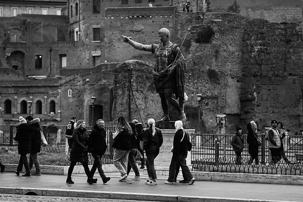 Rome, Italy - January 10, 2024: Statue of Traian in Rome, Italy.