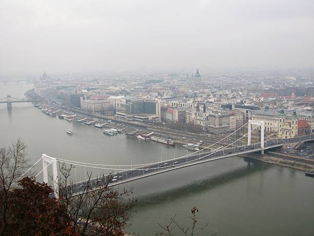 istock Elevated panoramic cityscape of Budapest, Hungary, featuring the Elisabeth Bridge, Danube River, and numerous historic buildings on an overcast winter day 2248992792
