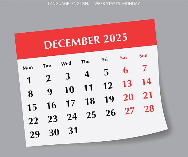istock 2025 december English calendar. A vector illustration of monthly paper page with shadow. Design Monday start 2248995569