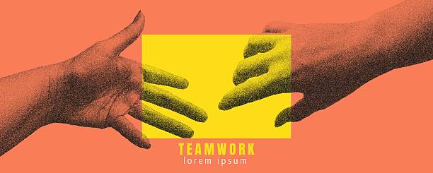 Hands reaching towards each other. Business agreement and cooperation. Teamwork concept. Modern art with grain effect. Gritty noise monochrome texture. Vector stipple illustration