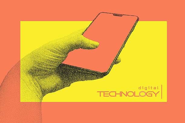 istock Human hand with smartphone. Trendy collage banner with hand holding mobile phone. Digital technology concept. Modern art with grain effect. Gritty noise monochrome texture. Vector stipple illustration 2248999306