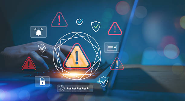 istock Cybersecurity alert concept with user typing on laptop and data breach warning icons data protection, cyber threats, hacking prevention, password safety, and AI monitoring systems 2249002302