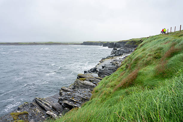 A panoramic view of the cliffs of Mohor in Ireland with a rough Atlantic ocean