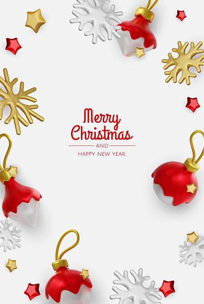 istock Happy New Year and Merry Christmas. Christmas holiday background with realistic 3d objects, bauble balls, conical metal stars. Levitation falling design composition. 2249009119