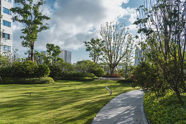 istock Empty paved garden pathway winding through modern residential community park with green lawn and trees under blue sky, concept of peaceful living environment. 2249015881