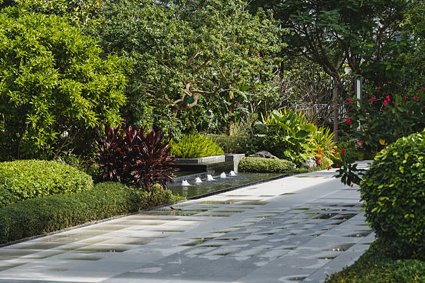 Empty paved garden pathway winding through modern residential community park with green lawn and trees under blue sky, concept of peaceful living environment.