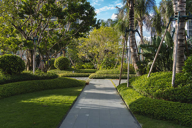 istock Empty paved garden pathway winding through modern residential community park with green lawn and trees under blue sky, concept of peaceful living environment. 2249015885