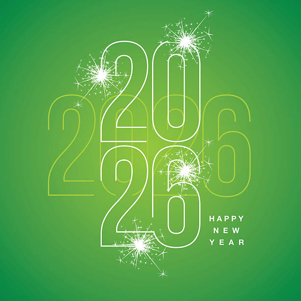 istock Happy New Year 2026 line green and white shining typography crossover with sparkle firework on green isolated background icon logo 2249019425