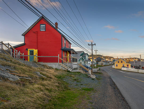 Bright Siding Houses in Small Iceland Town. Sunlight and Blue Sky