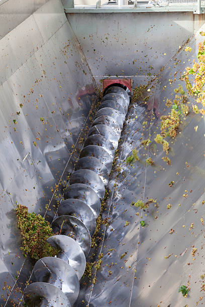 istock Stainless steel collection bin of a mechanical grape press with spiral blades 2249030192