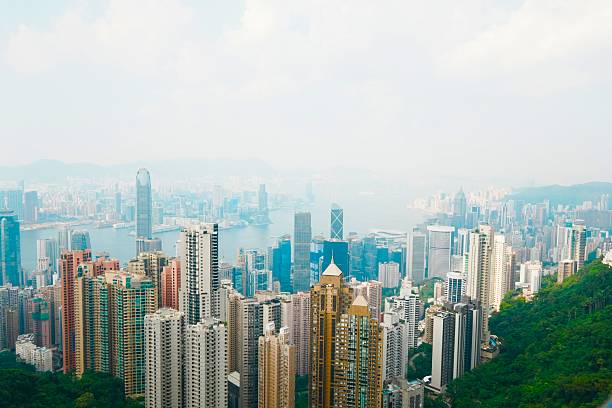 A panoramic view from Victoria Peak in Hong Kong, overlooking the city's skyscrapers, Victoria Harbour, and surrounding hills. The photo highlights the beauty and scale of Hong Kong’s iconic landscape.