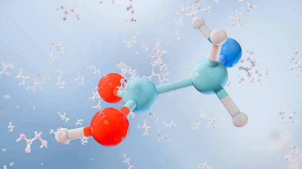 glycine molecule showing its chemical and skeletal structure, atomic bonds, and molecular formula C2H5NO2. Educational biochemistry concept representing amino acids, protein synthesis, 3d render