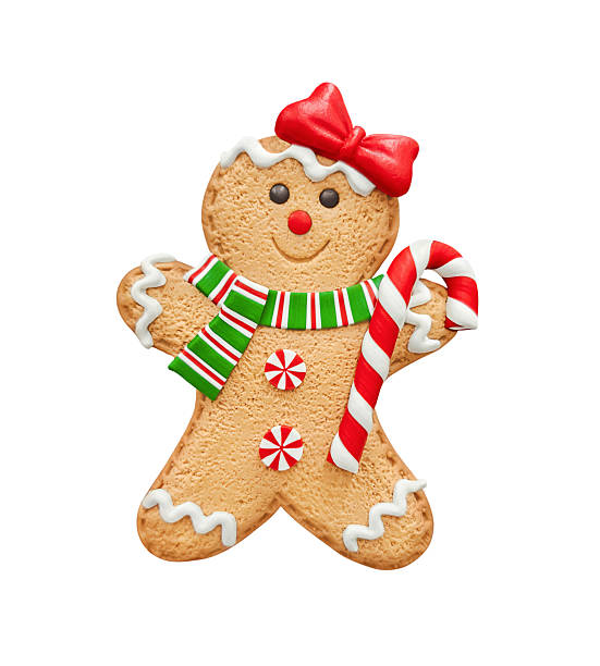 istock gingerbread man with a red bow on his head, a green scarf and a candy cane is highlighted on a white background. 2249045316