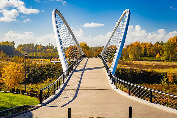 A picturesque pedestrian bridge crosses a waterway in Riverfront City Park, set against the backdrop of vibrant autumn foliage on a clear, sunny day