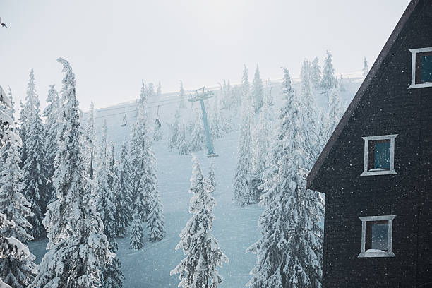 Chalet lodge partially visible on the right, presenting a winter ski resort scene with snow-covered pine trees, a ski slope, and a chairlift ascending the mountain under clear skies