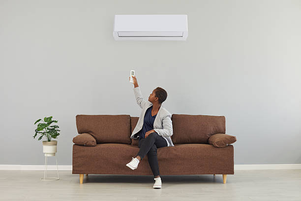 istock Black woman sitting on couch and switching her air conditioner with remote control 2249056495