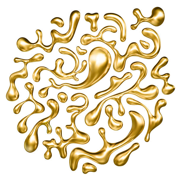 istock Set of realistic gold liquid splashes and droplets isolated on white 2249076143