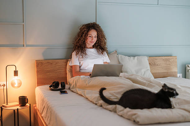 istock Woman using a laptop in bed, with a black cat on the bed 2249076324