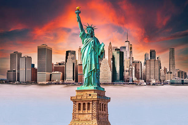 istock New York City downtown skyline panoramic sunset view with Lady L 2249090478